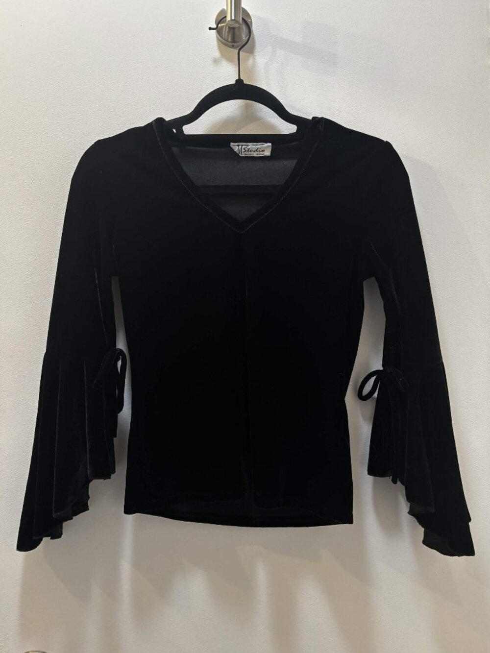 Vintage M.Studio Black Velvet Bell-Sleeve Shirt with Bow Details - Size Small